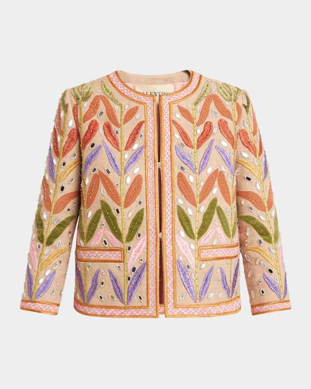 Beaded Leaf-Embroidered Linen Jacket